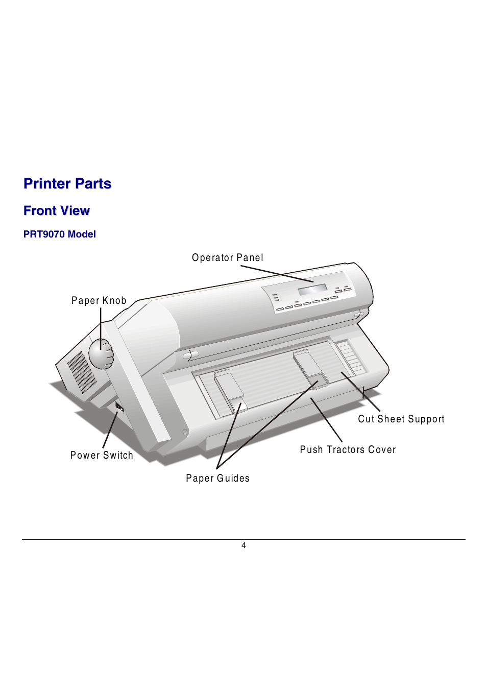 Printer parts, Front view, Prt9070 model | Compuprint 9070 User Manual | Page 9 / 171