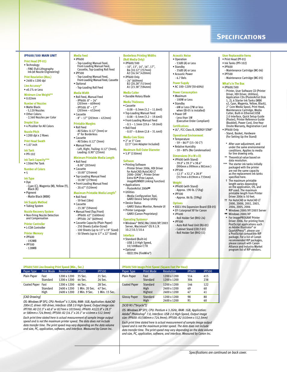 Specifications | Canon imagePROGRAF IPF700 User Manual | Page 9 / 10