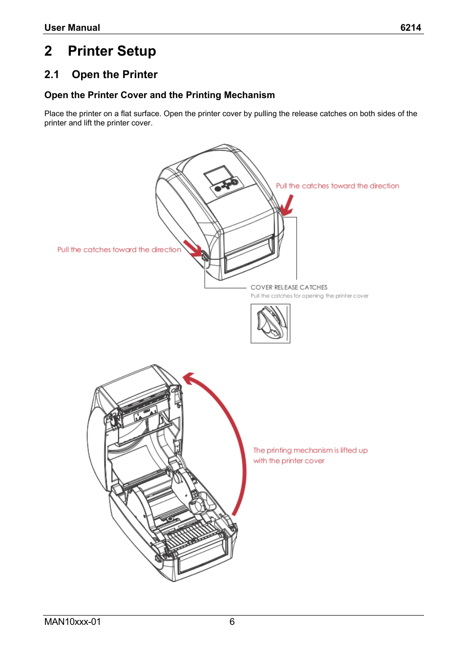 2 printer setup, 1 open the printer | Compuprint 6214 User Manual | Page 11 / 70