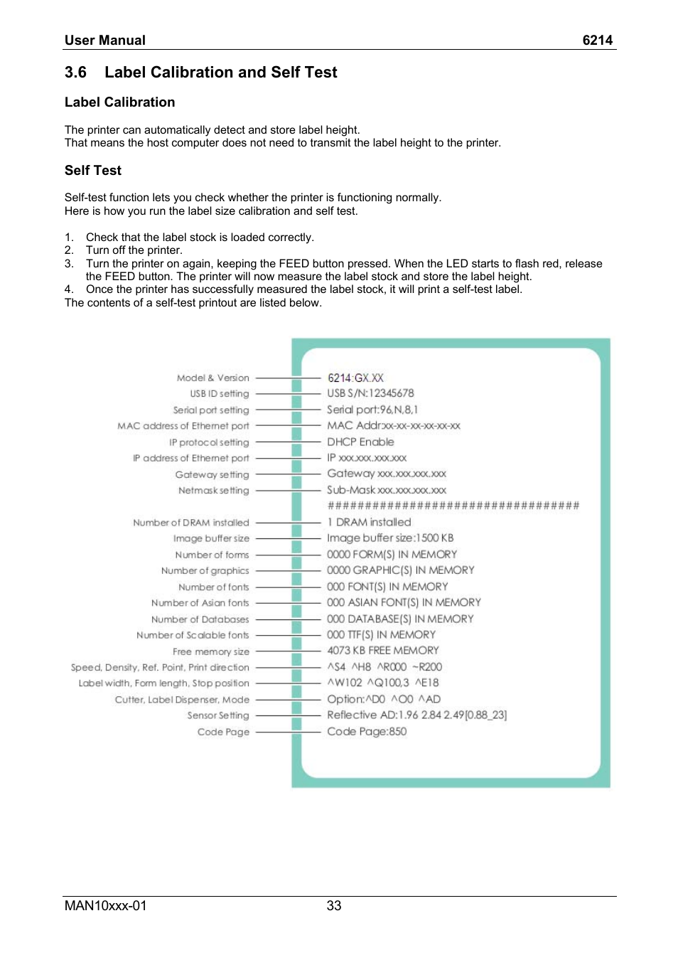 6 label calibration and self test | Compuprint 6214 User Manual | Page 38 / 70