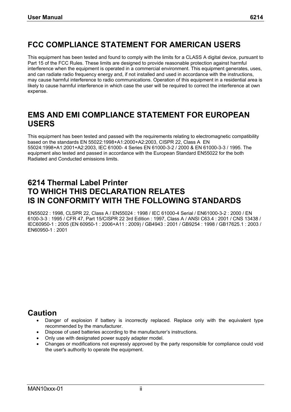 Fcc compliance statement for american users, Caution | Compuprint 6214 User Manual | Page 4 / 70