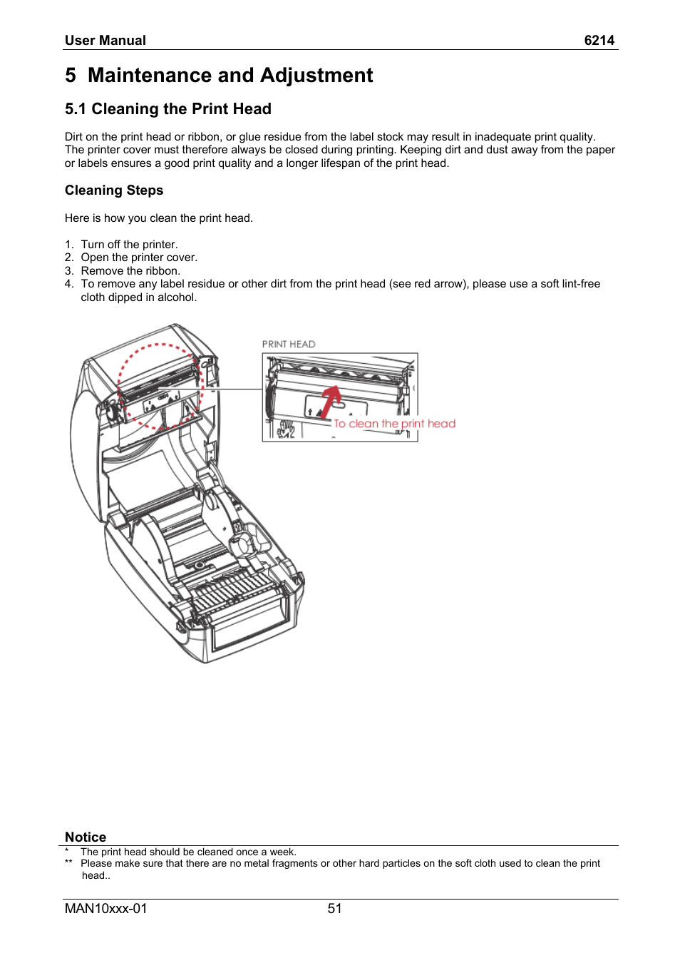 5 maintenance and adjustment, 1 cleaning the print head | Compuprint 6214 User Manual | Page 56 / 70