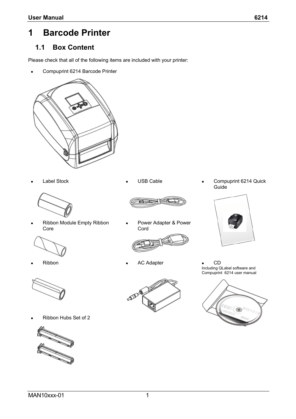 1 barcode printer, 1 box content | Compuprint 6214 User Manual | Page 6 / 70