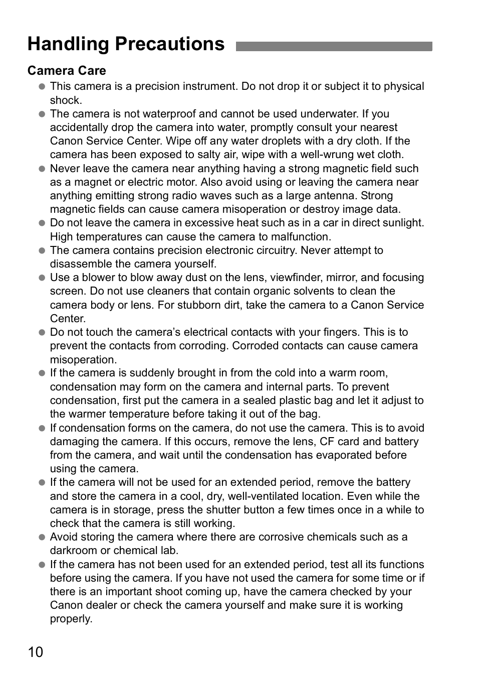 Handling precautions | Canon EOS 5D User Manual | Page 10 / 184