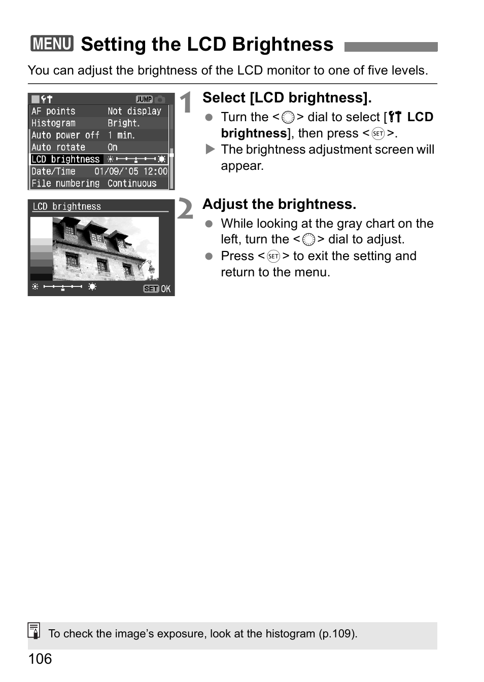 3setting the lcd brightness | Canon EOS 5D User Manual | Page 106 / 184