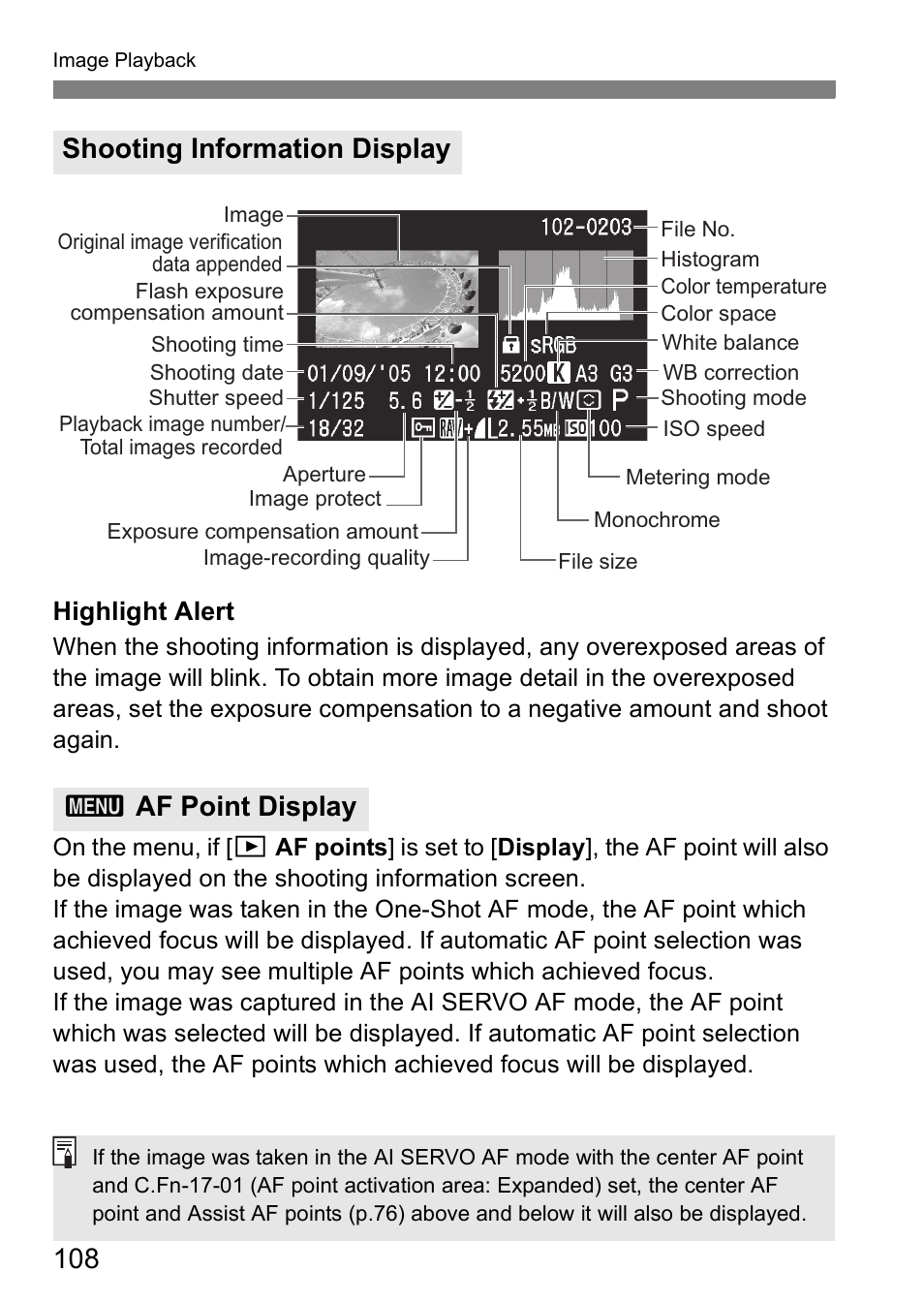 Shooting information display, Af point display | Canon EOS 5D User Manual | Page 108 / 184
