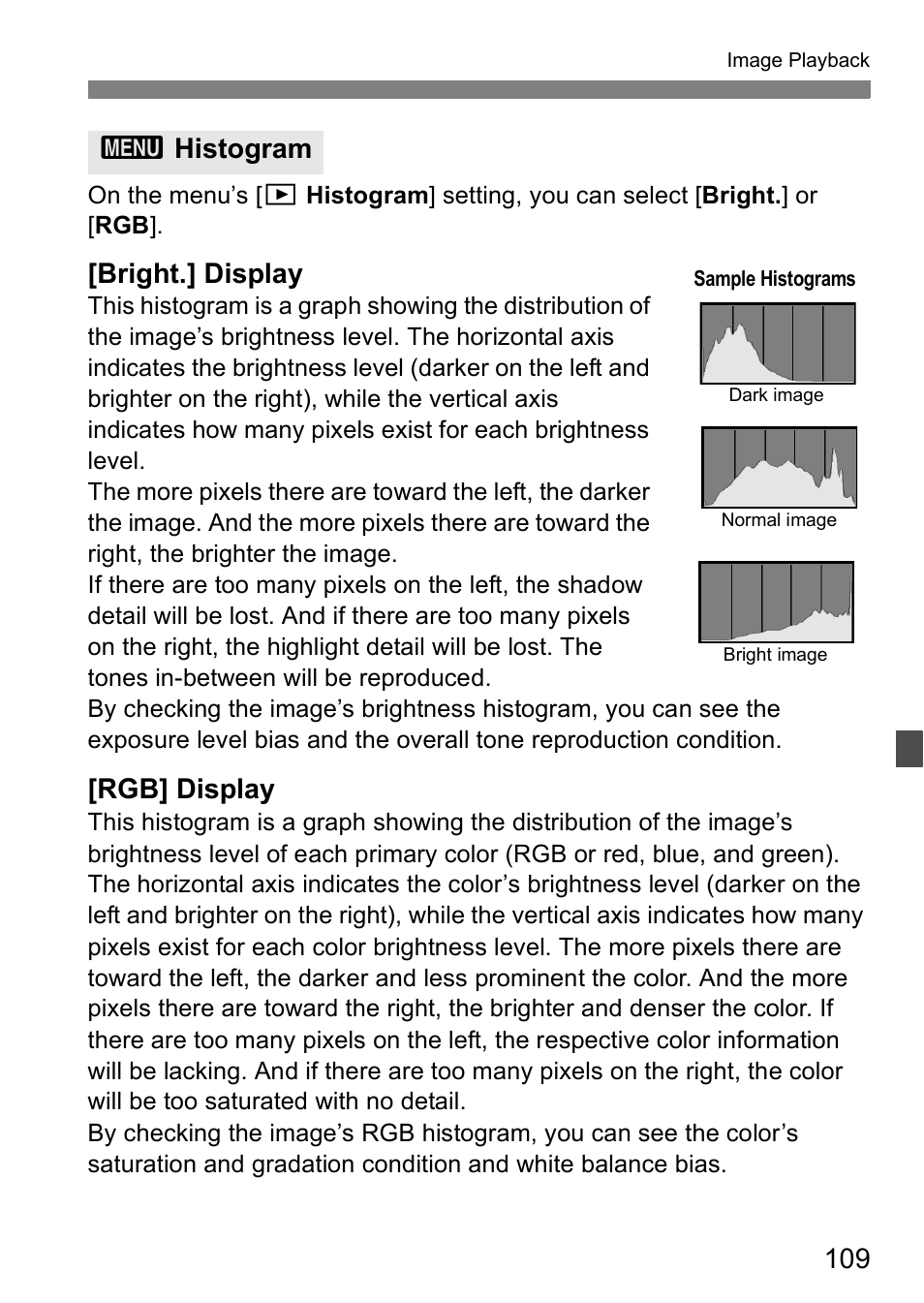 Bright.] display, Rgb] display, 3histogram | Canon EOS 5D User Manual | Page 109 / 184