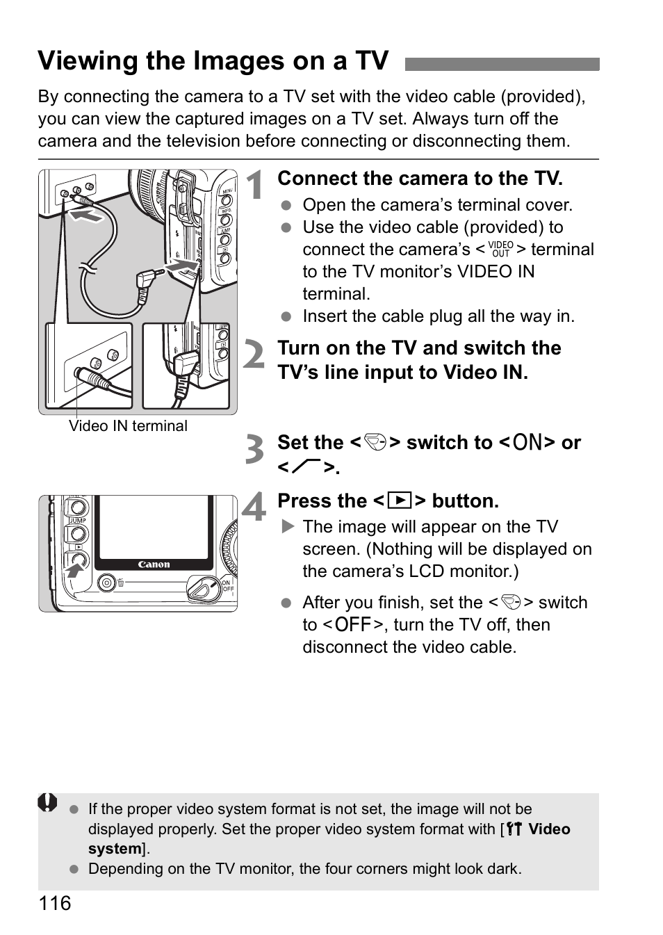 Viewing the images on a tv | Canon EOS 5D User Manual | Page 116 / 184
