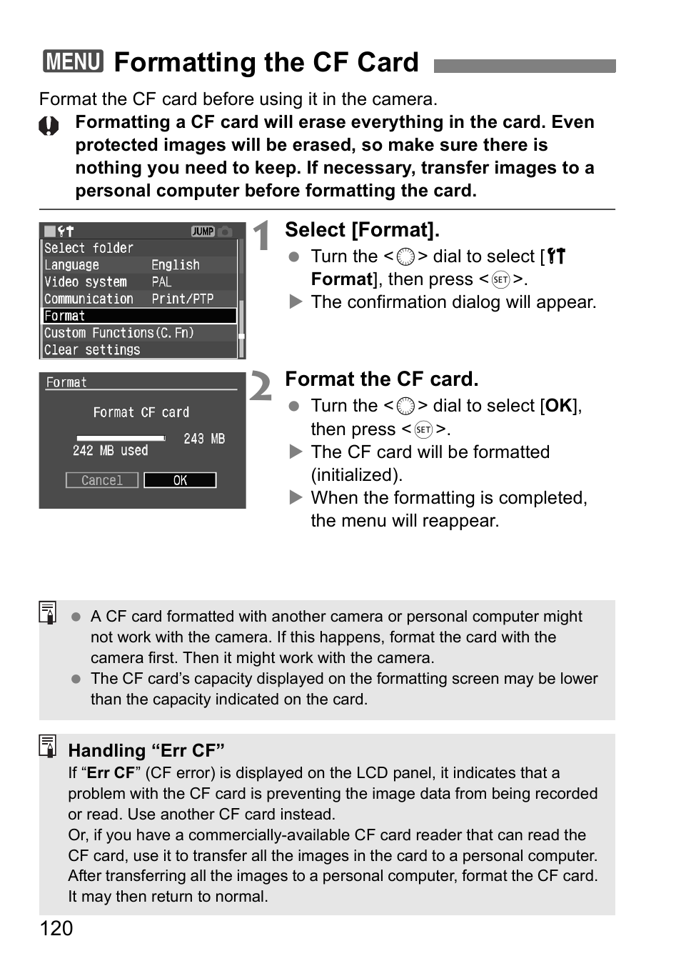3formatting the cf card | Canon EOS 5D User Manual | Page 120 / 184