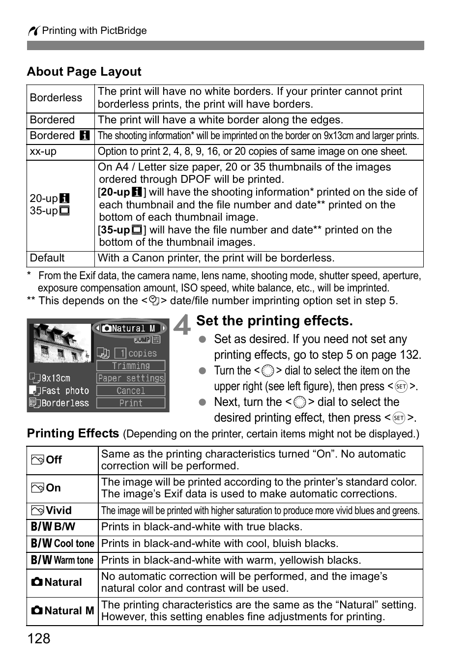Set the printing effects | Canon EOS 5D User Manual | Page 128 / 184