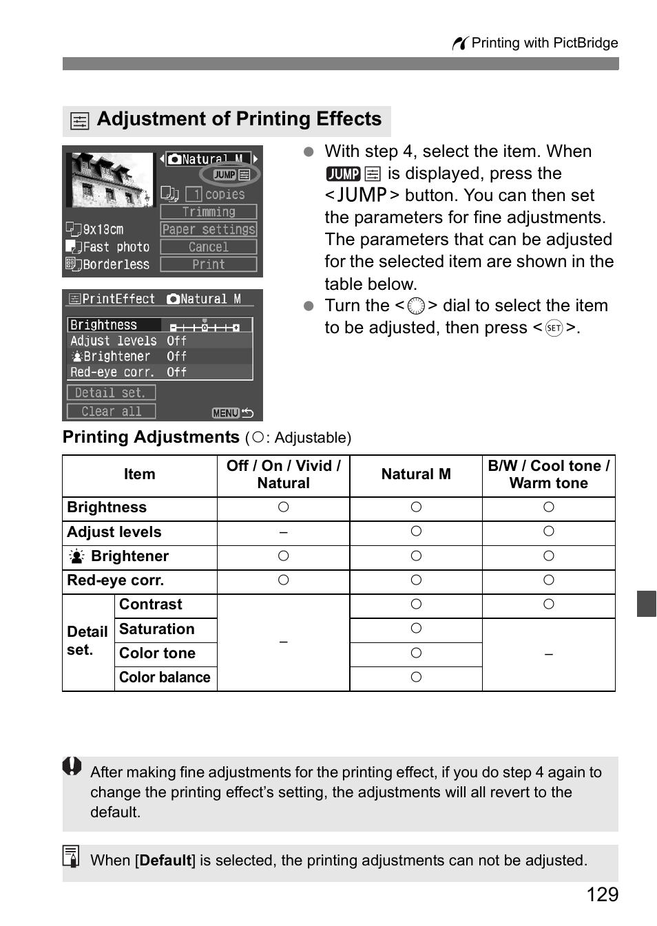 Adjustment of printing effects | Canon EOS 5D User Manual | Page 129 / 184