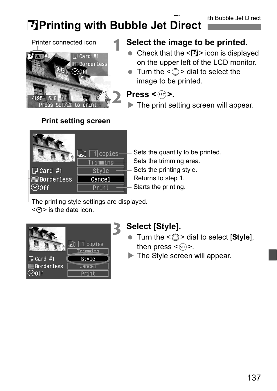 S printing with bubble jet direct | Canon EOS 5D User Manual | Page 137 / 184