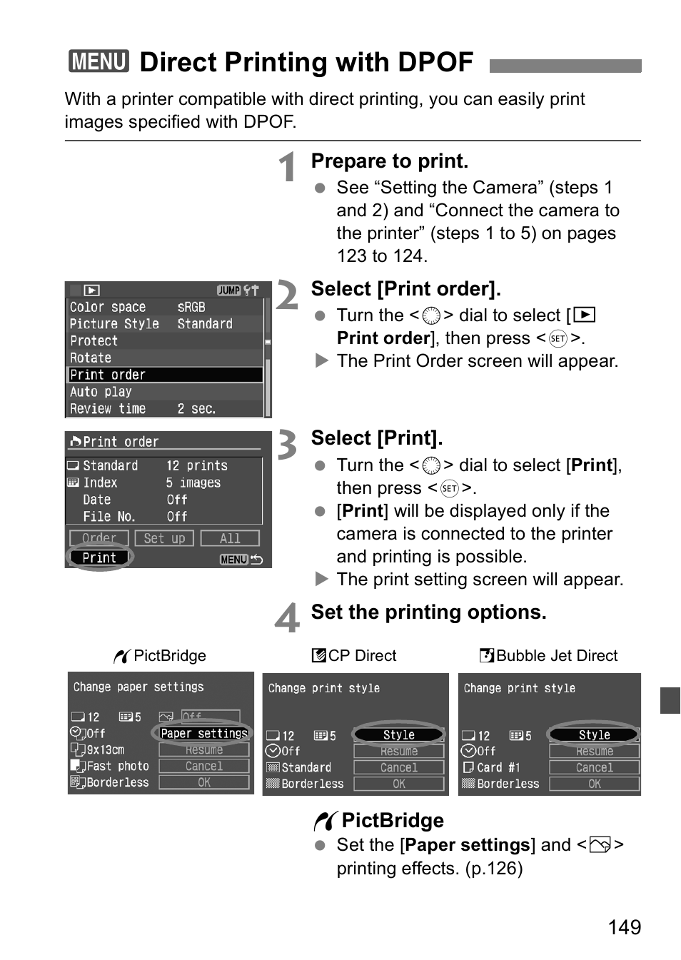 3direct printing with dpof | Canon EOS 5D User Manual | Page 149 / 184