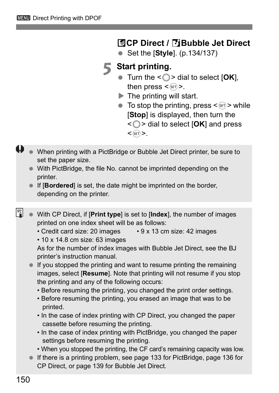 150 a cp direct / s bubble jet direct, Start printing | Canon EOS 5D User Manual | Page 150 / 184