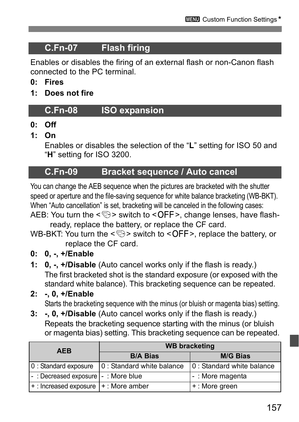 C.fn-07 flash firing, C.fn-08 iso expansion, C.fn-09 bracket sequence / auto cancel | Canon EOS 5D User Manual | Page 157 / 184