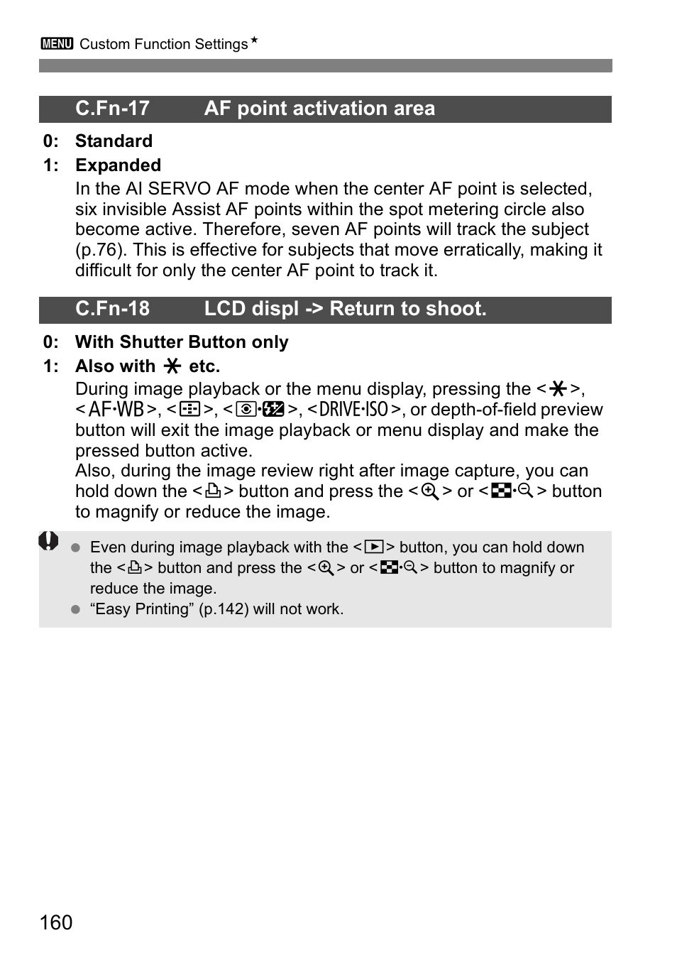 C.fn-18 lcd displ -> return to shoot | Canon EOS 5D User Manual | Page 160 / 184