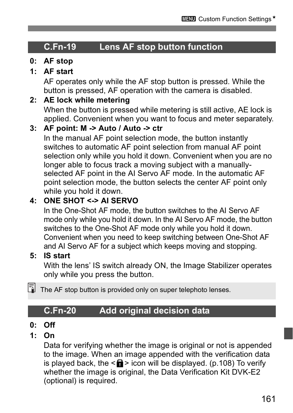 C.fn-19 lens af stop button function, C.fn-20 add original decision data | Canon EOS 5D User Manual | Page 161 / 184