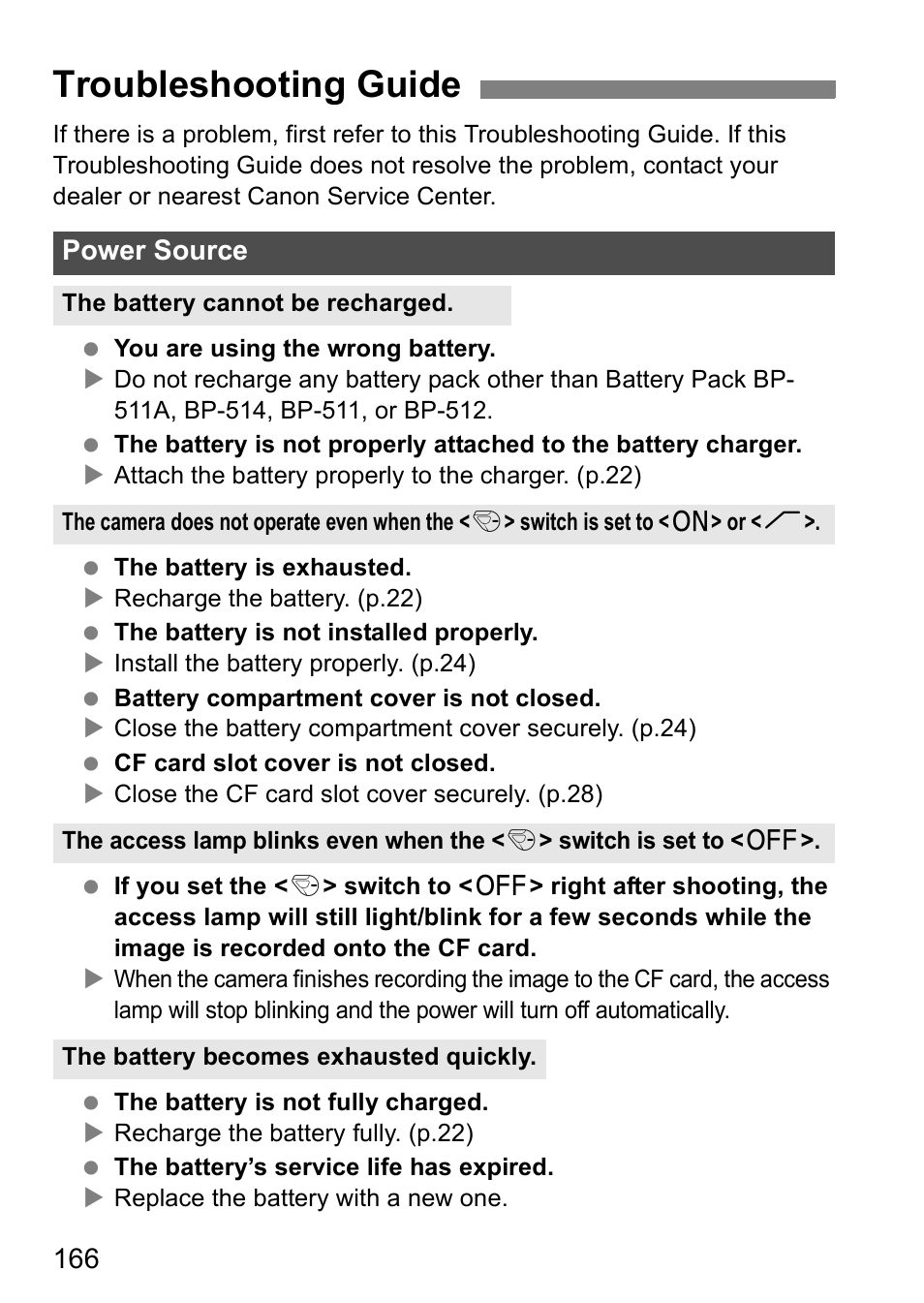 Troubleshooting guide, Power source | Canon EOS 5D User Manual | Page 166 / 184