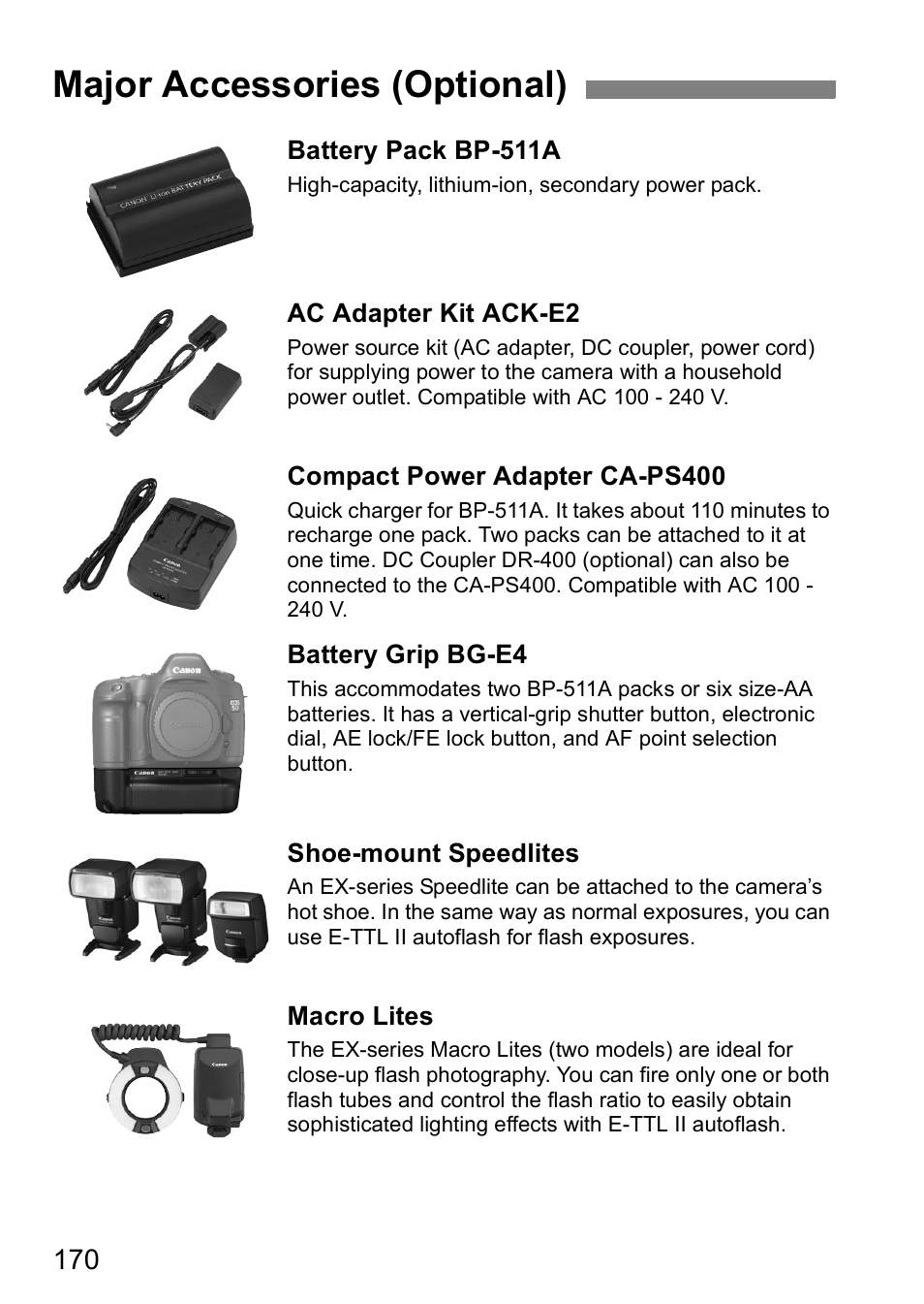 Major accessories (optional) | Canon EOS 5D User Manual | Page 170 / 184
