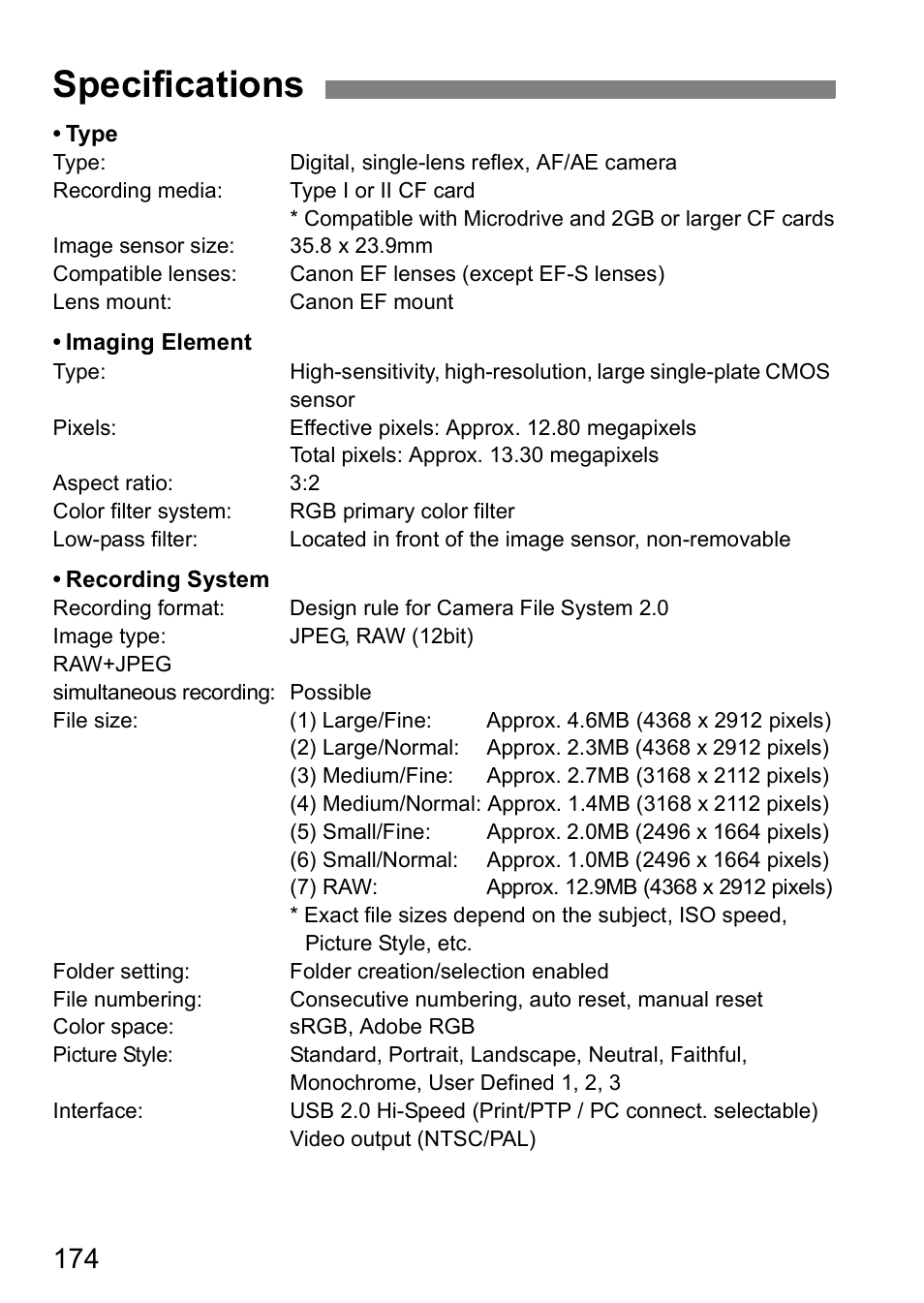 Specifications | Canon EOS 5D User Manual | Page 174 / 184