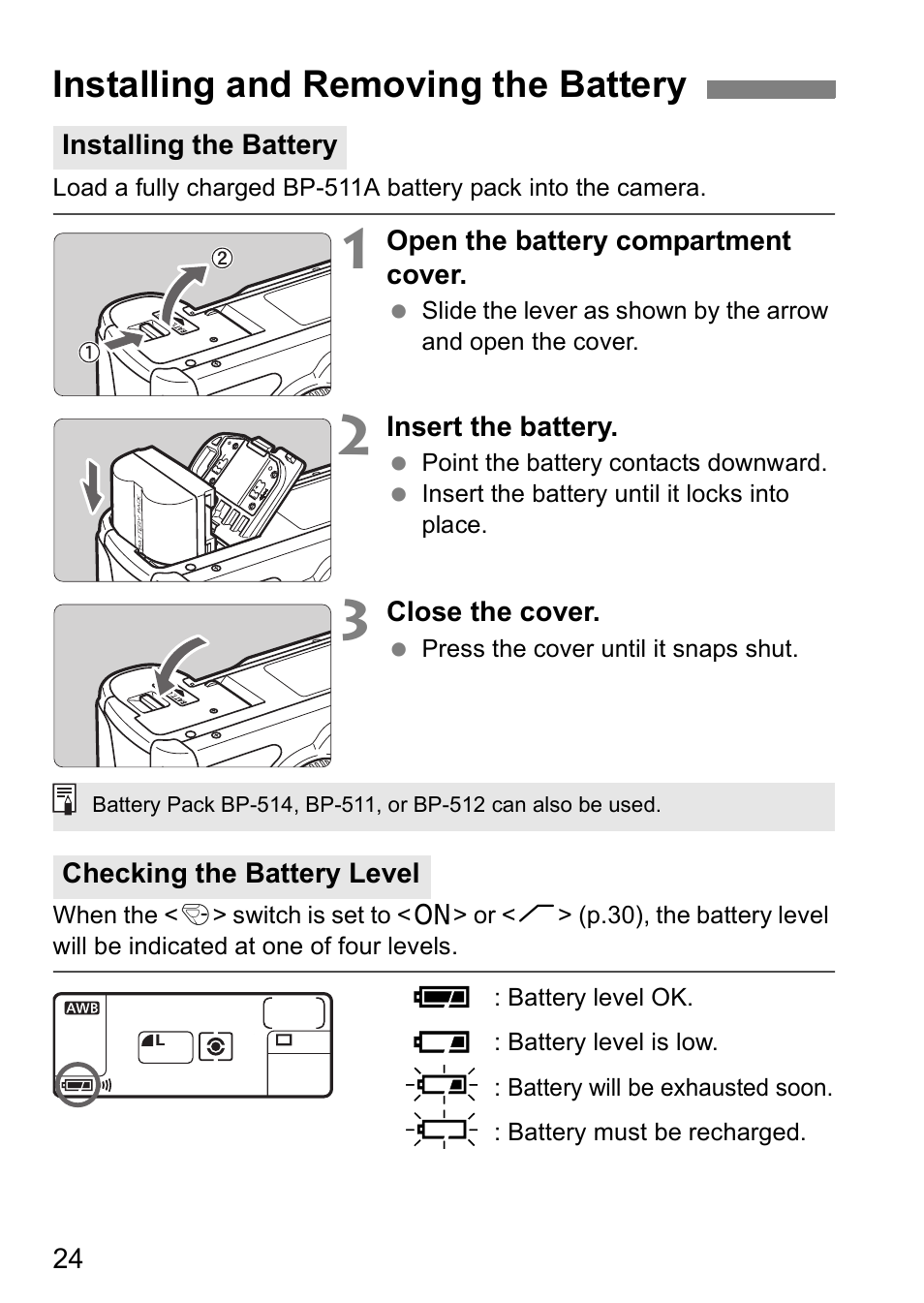 Installing and removing the battery | Canon EOS 5D User Manual | Page 24 / 184