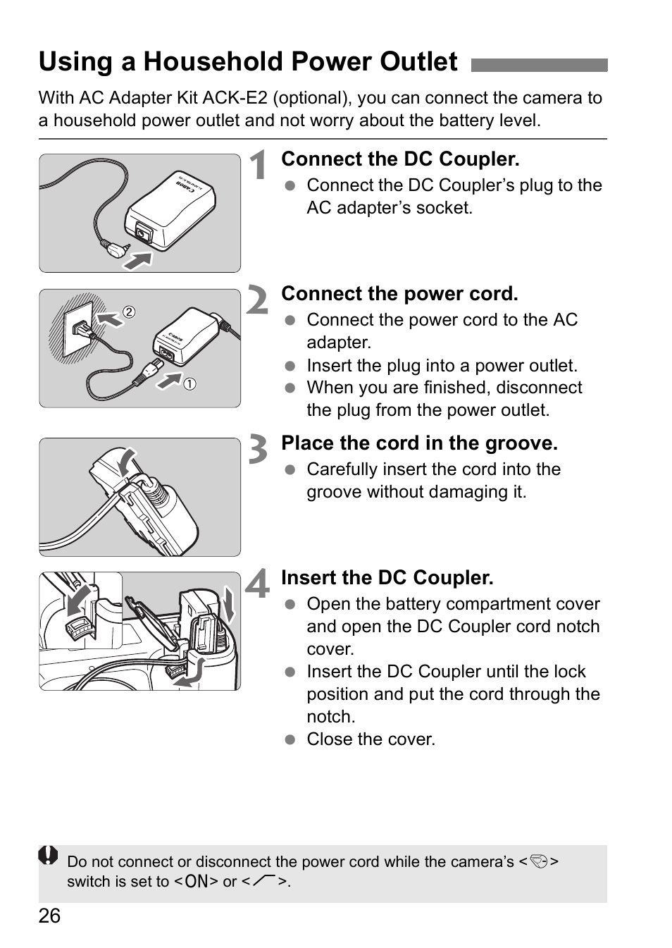 Using a household power outlet | Canon EOS 5D User Manual | Page 26 / 184