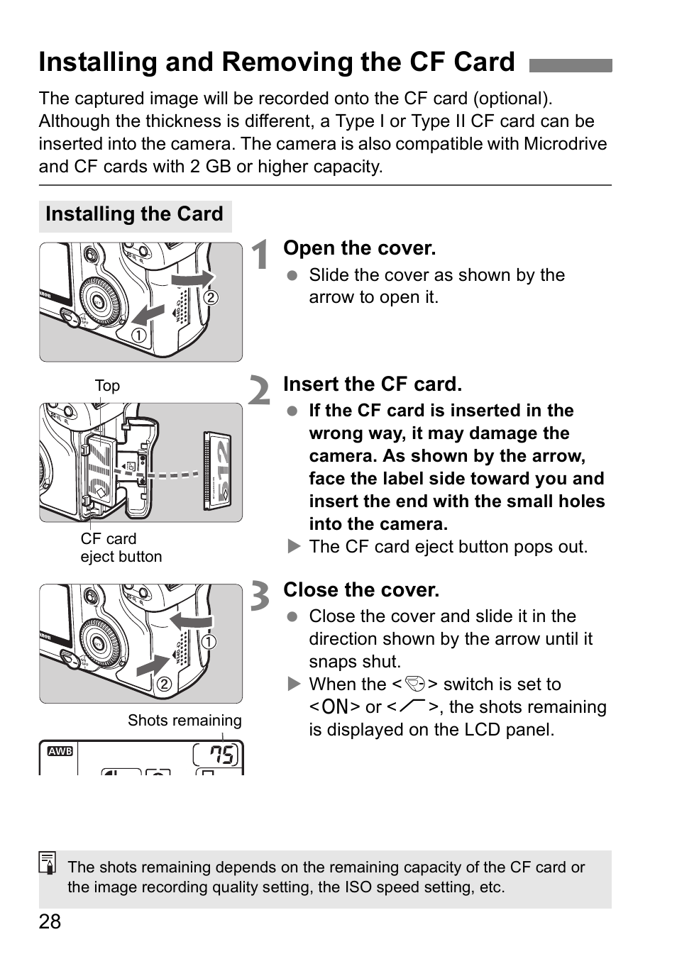 Installing and removing the cf card | Canon EOS 5D User Manual | Page 28 / 184