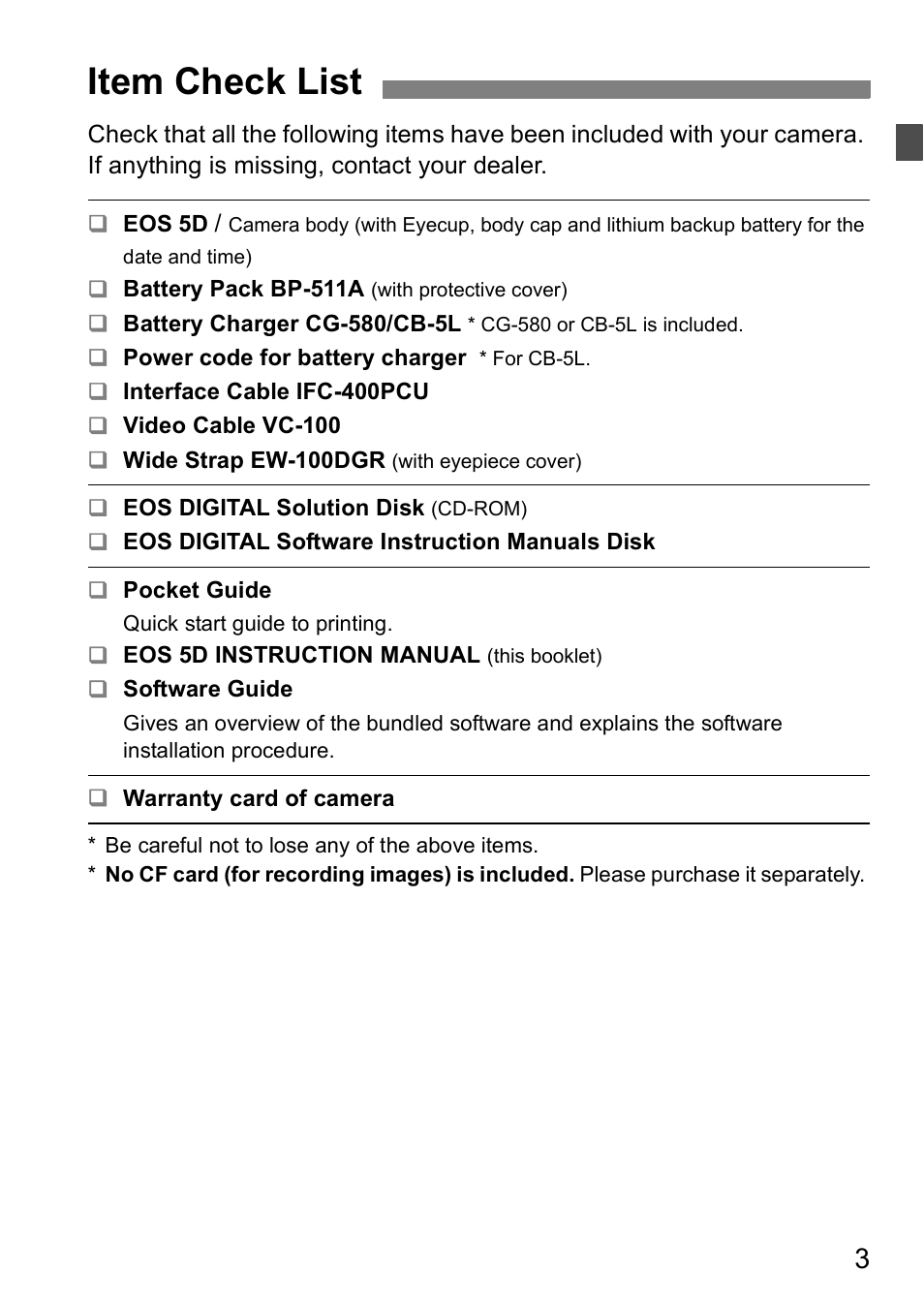 Item check list | Canon EOS 5D User Manual | Page 3 / 184