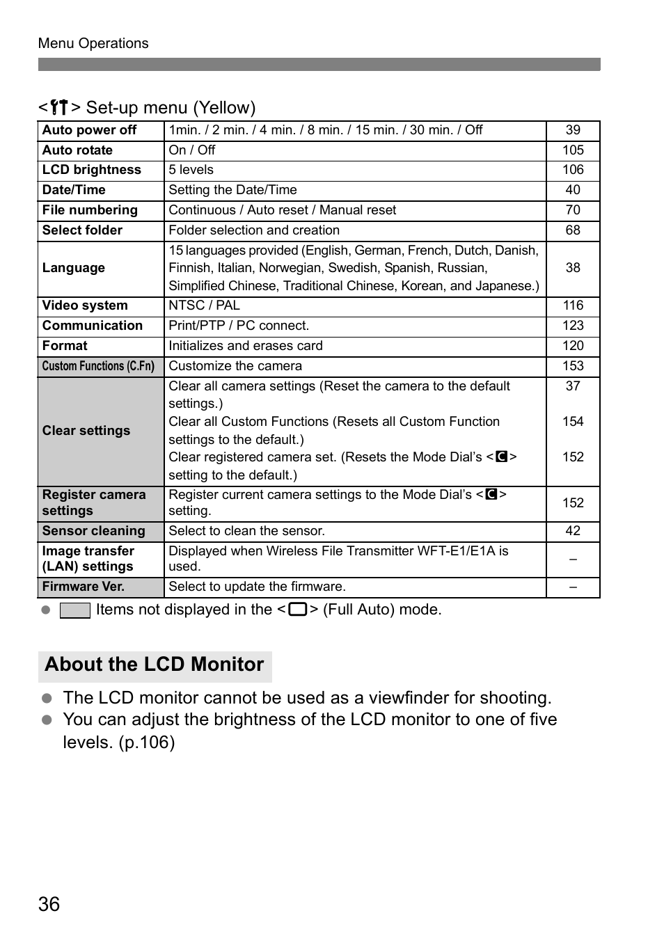 About the lcd monitor, C> set-up menu (yellow) | Canon EOS 5D User Manual | Page 36 / 184