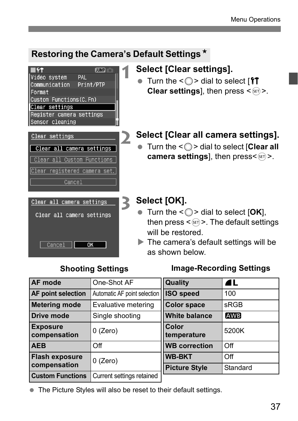 Select [clear settings, Select [clear all camera settings, Select [ok | Restoring the camera’s default settings n | Canon EOS 5D User Manual | Page 37 / 184