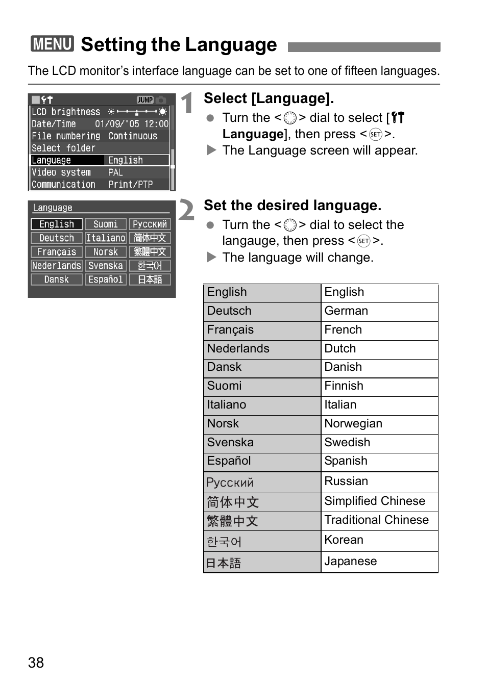 3setting the language | Canon EOS 5D User Manual | Page 38 / 184