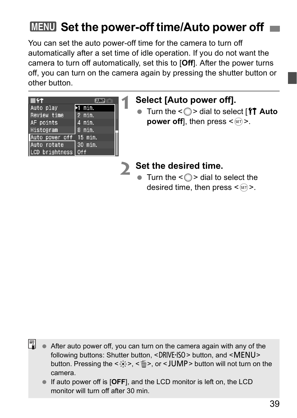 3set the power-off time/auto power off | Canon EOS 5D User Manual | Page 39 / 184