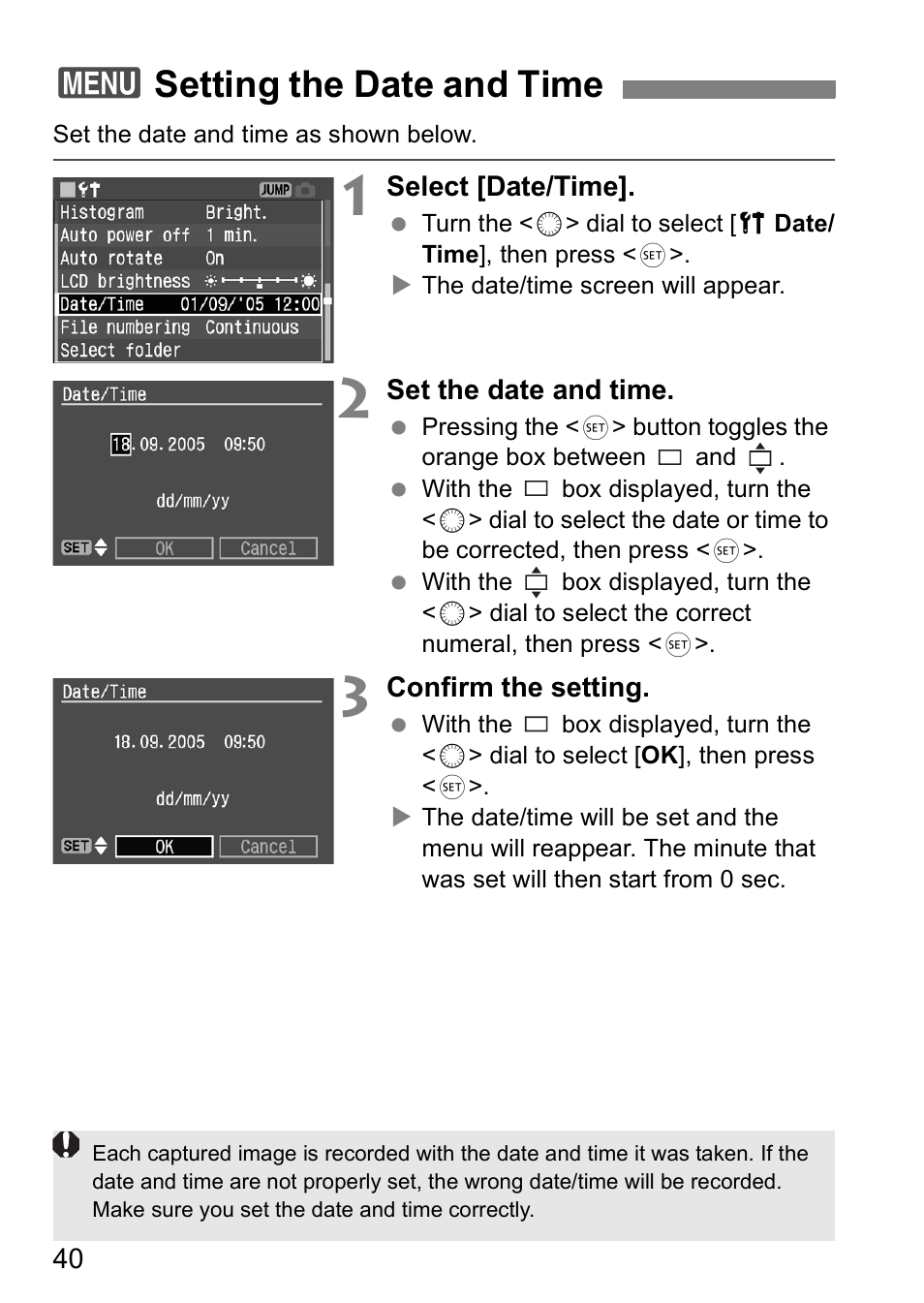 3setting the date and time | Canon EOS 5D User Manual | Page 40 / 184