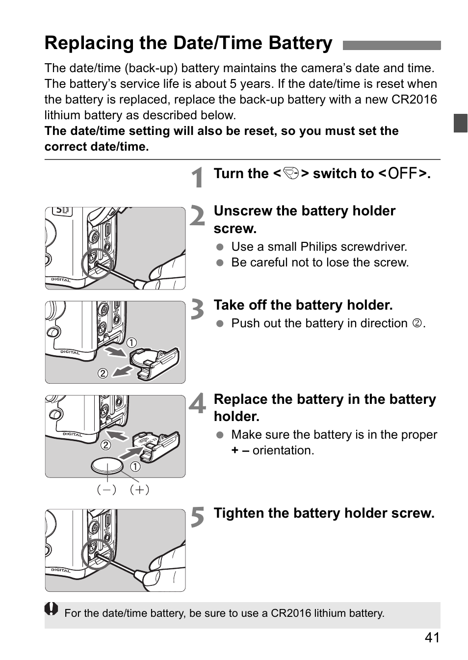 Replacing the date/time battery | Canon EOS 5D User Manual | Page 41 / 184