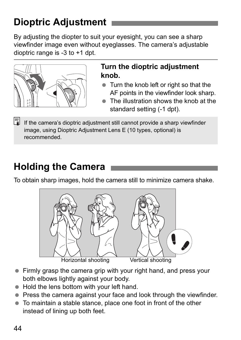 Dioptric adjustment, Holding the camera | Canon EOS 5D User Manual | Page 44 / 184