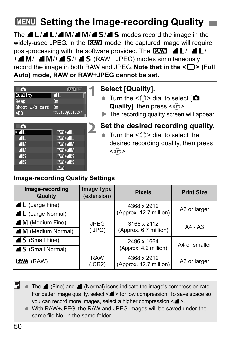 3setting the image-recording quality, Select [quality, Set the desired recording quality | Canon EOS 5D User Manual | Page 50 / 184