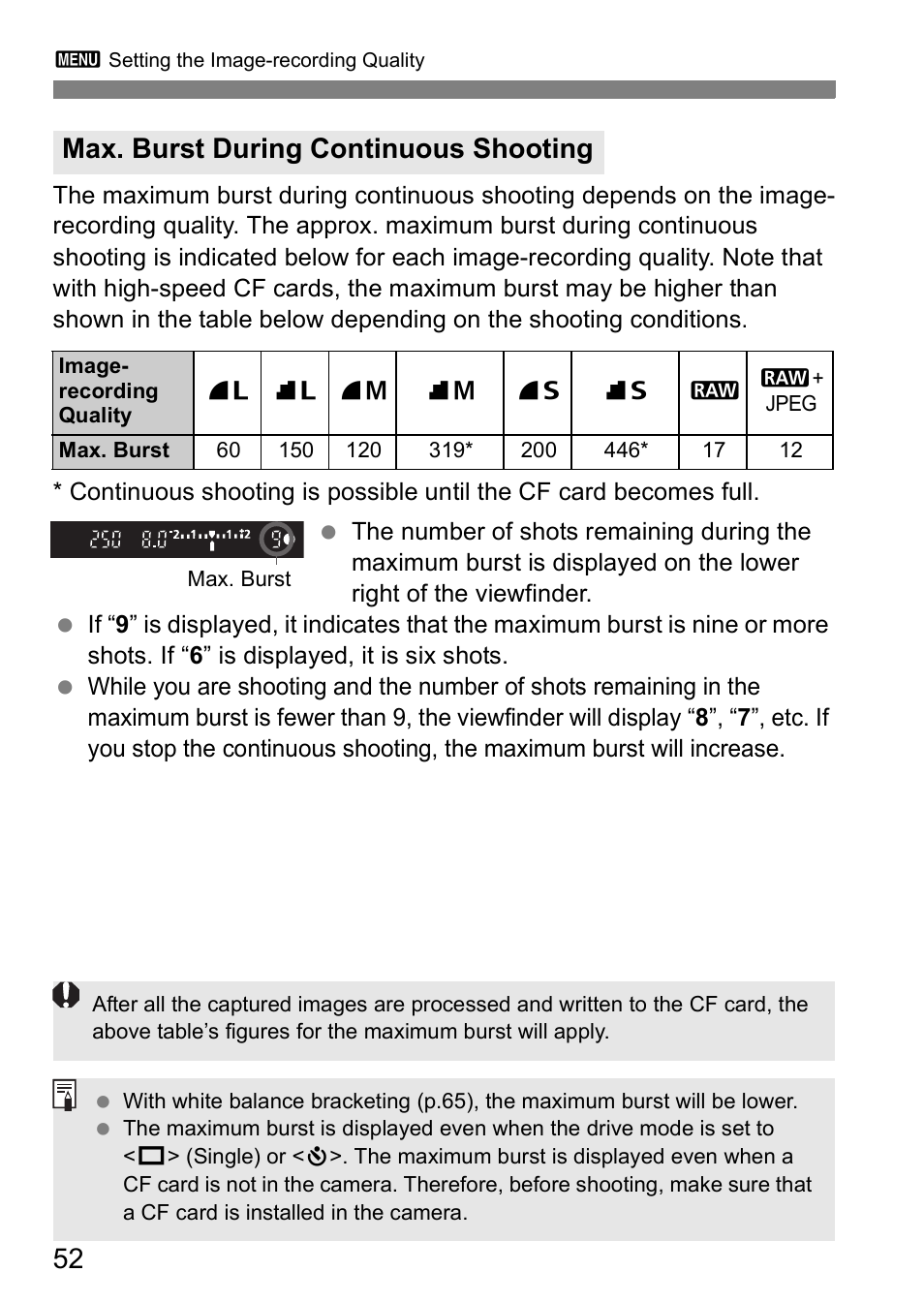 Max. burst during continuous shooting | Canon EOS 5D User Manual | Page 52 / 184