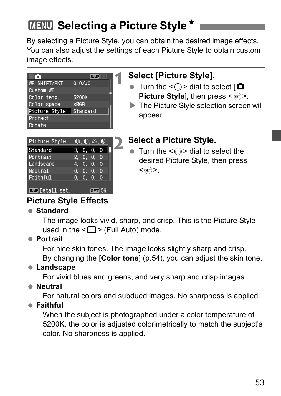 3selecting a picture style n | Canon EOS 5D User Manual | Page 53 / 184