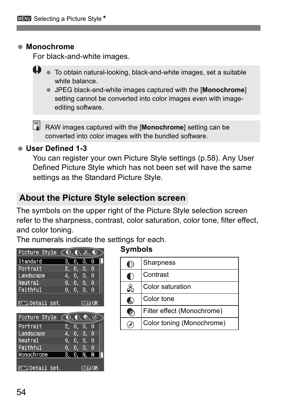 About the picture style selection screen | Canon EOS 5D User Manual | Page 54 / 184
