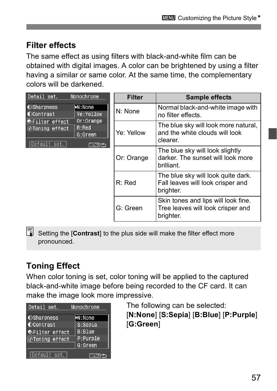 Filter effects, Toning effect | Canon EOS 5D User Manual | Page 57 / 184