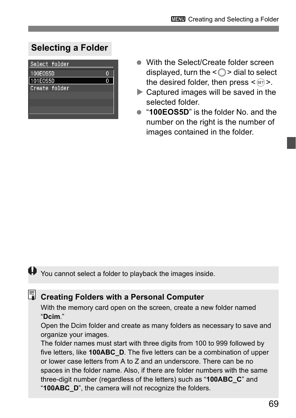 Selecting a folder | Canon EOS 5D User Manual | Page 69 / 184