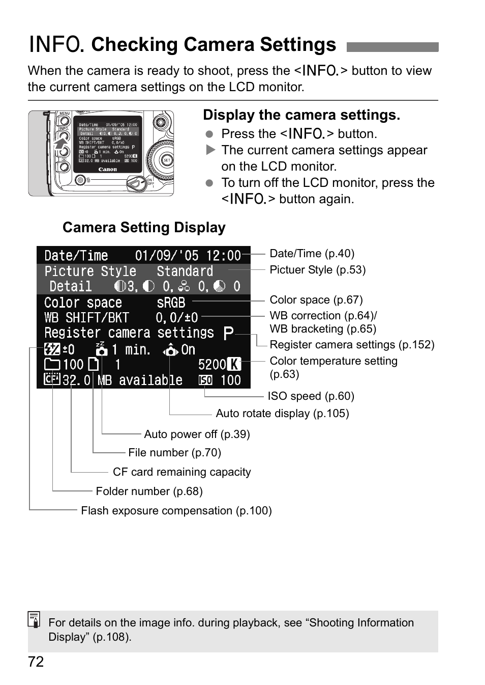 Bchecking camera settings, Display the camera settings, Camera setting display | Canon EOS 5D User Manual | Page 72 / 184