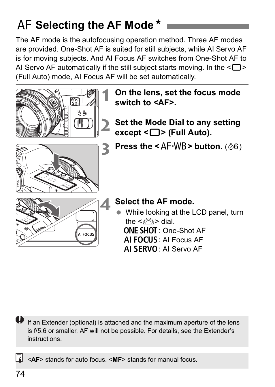 Fselecting the af mode n | Canon EOS 5D User Manual | Page 74 / 184