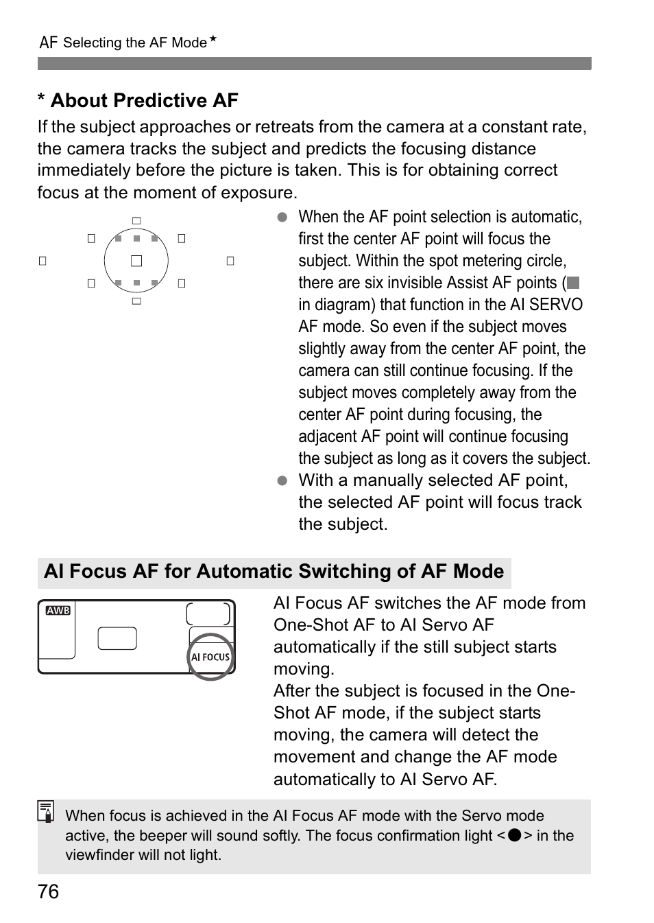76 * about predictive af, Ai focus af for automatic switching of af mode | Canon EOS 5D User Manual | Page 76 / 184