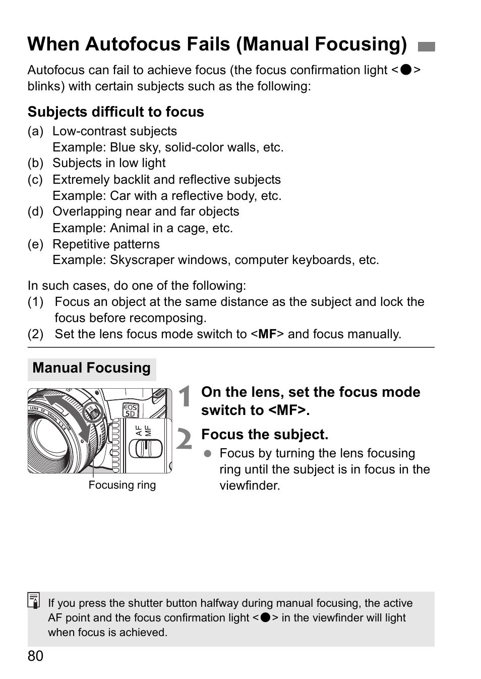 When autofocus fails (manual focusing) | Canon EOS 5D User Manual | Page 80 / 184