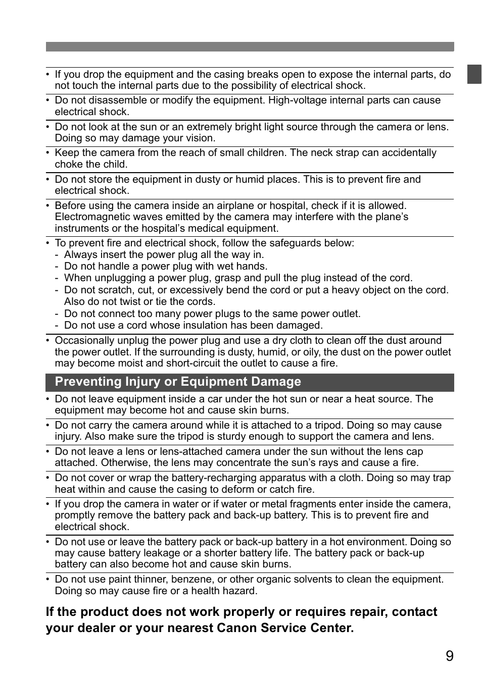 Preventing injury or equipment damage | Canon EOS 5D User Manual | Page 9 / 184