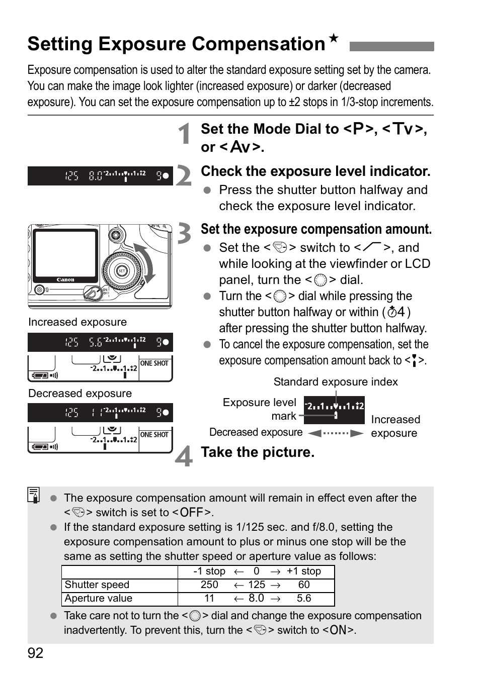 Setting exposure compensation n, Set the mode dial to < d >, < s >, or < f, Check the exposure level indicator | Set the exposure compensation amount, Take the picture | Canon EOS 5D User Manual | Page 92 / 184