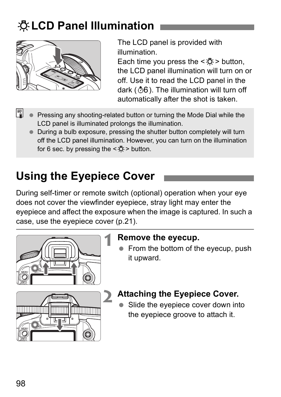 Ulcd panel illumination, Using the eyepiece cover | Canon EOS 5D User Manual | Page 98 / 184