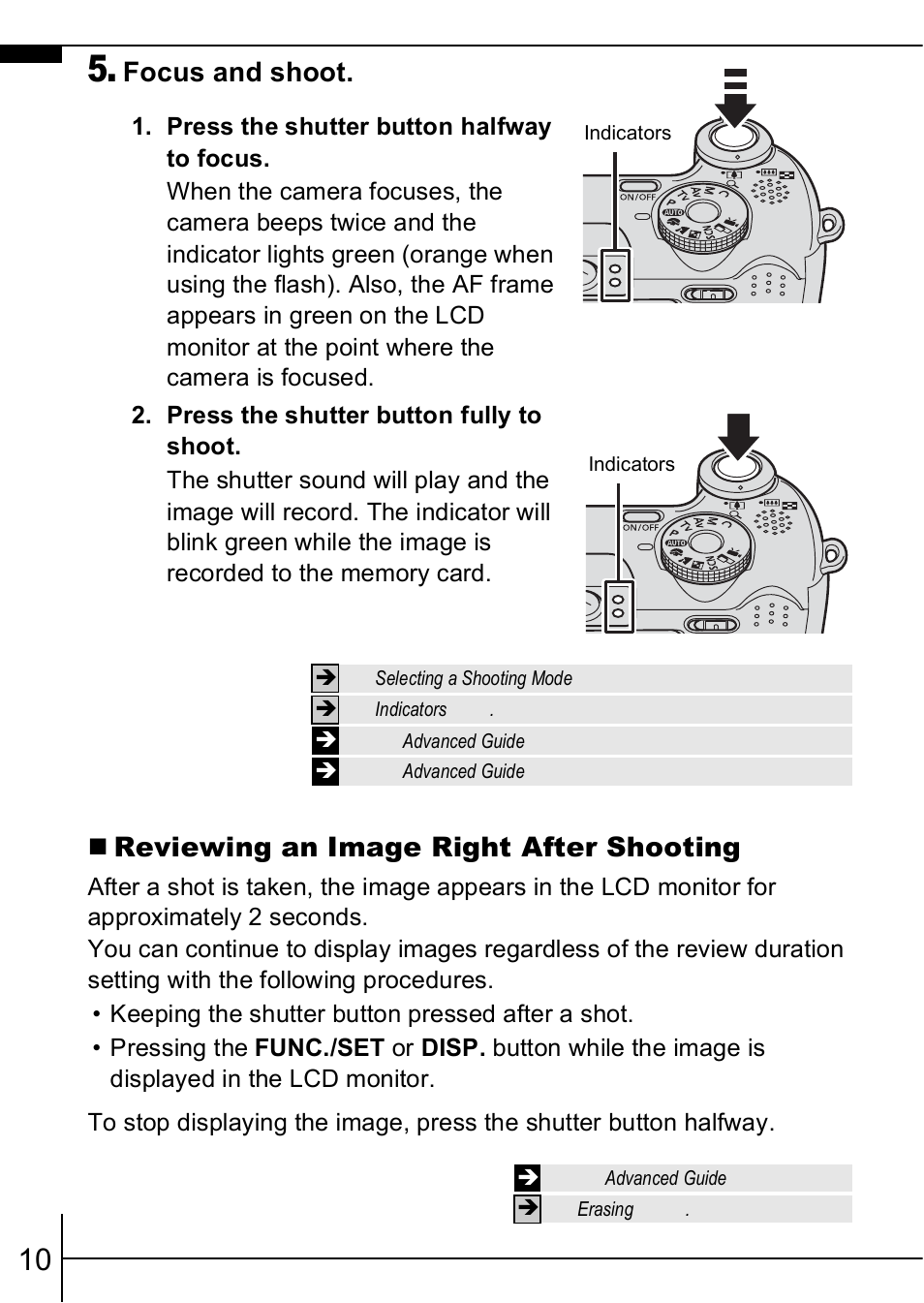 P. 10), Focus and shoot, Reviewing an image right after shooting | Canon A630 User Manual | Page 12 / 36