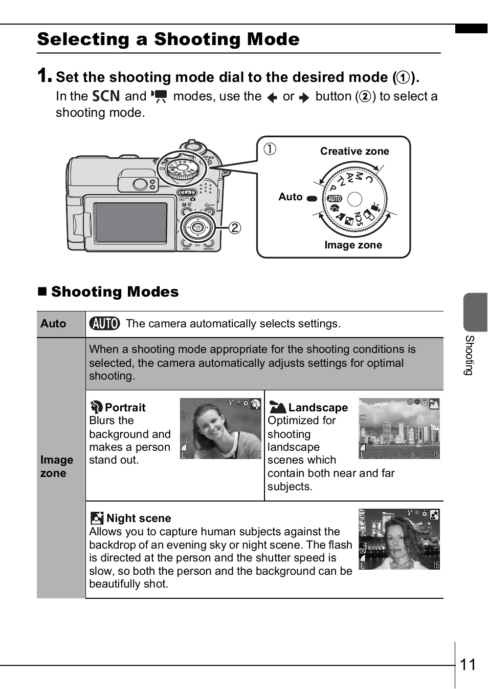 P. 11), Selecting a shooting mode, Shooting modes | Canon A630 User Manual | Page 13 / 36